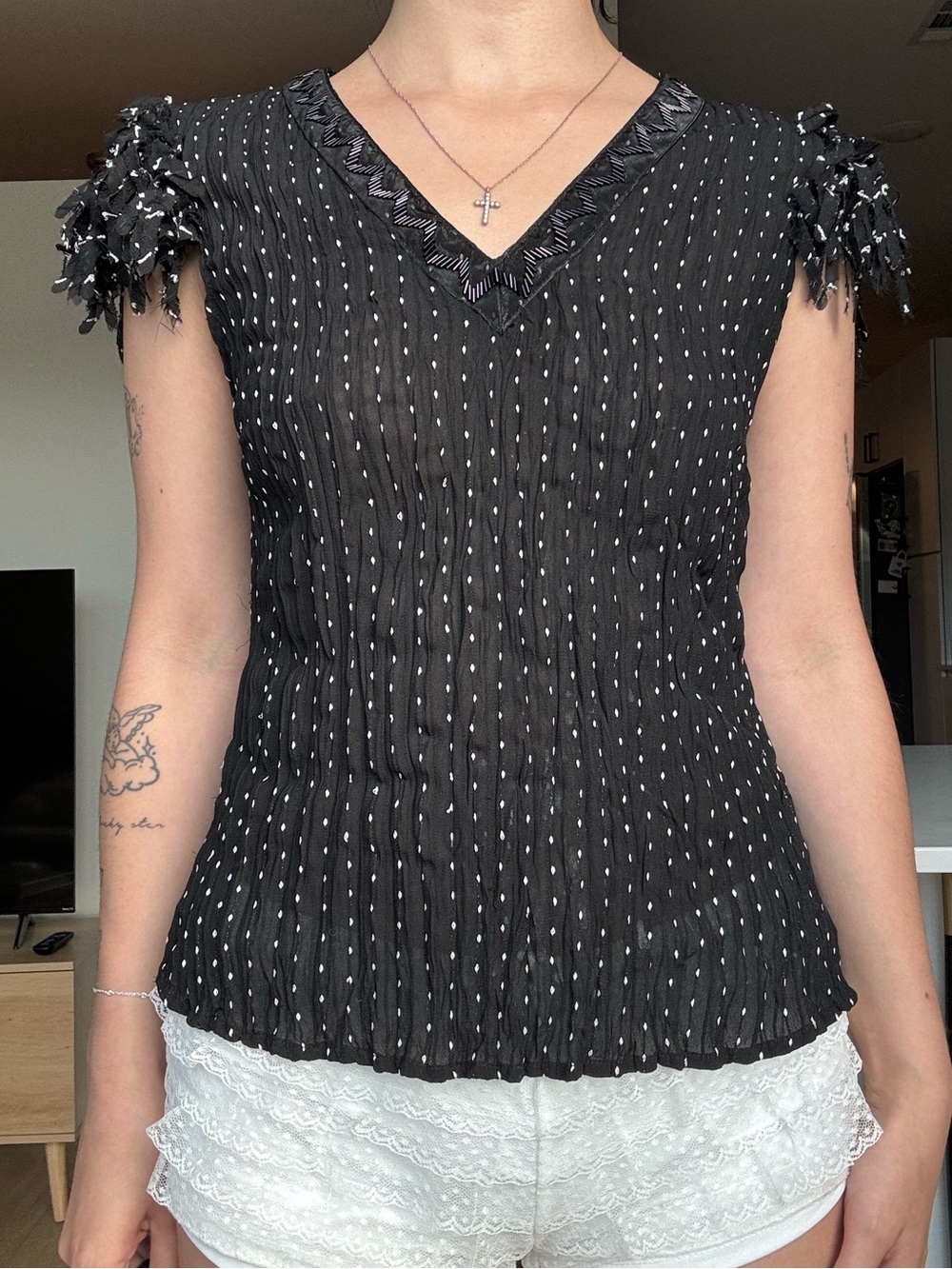 y2k polka dot blouse with ruffle sleeves, black & white (Kaelyn Max)